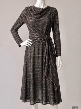 VINTAGE ILGWU 1970s Deadstock Metallic Black‎ Gold Belted Disco Wrap Dress SMALL